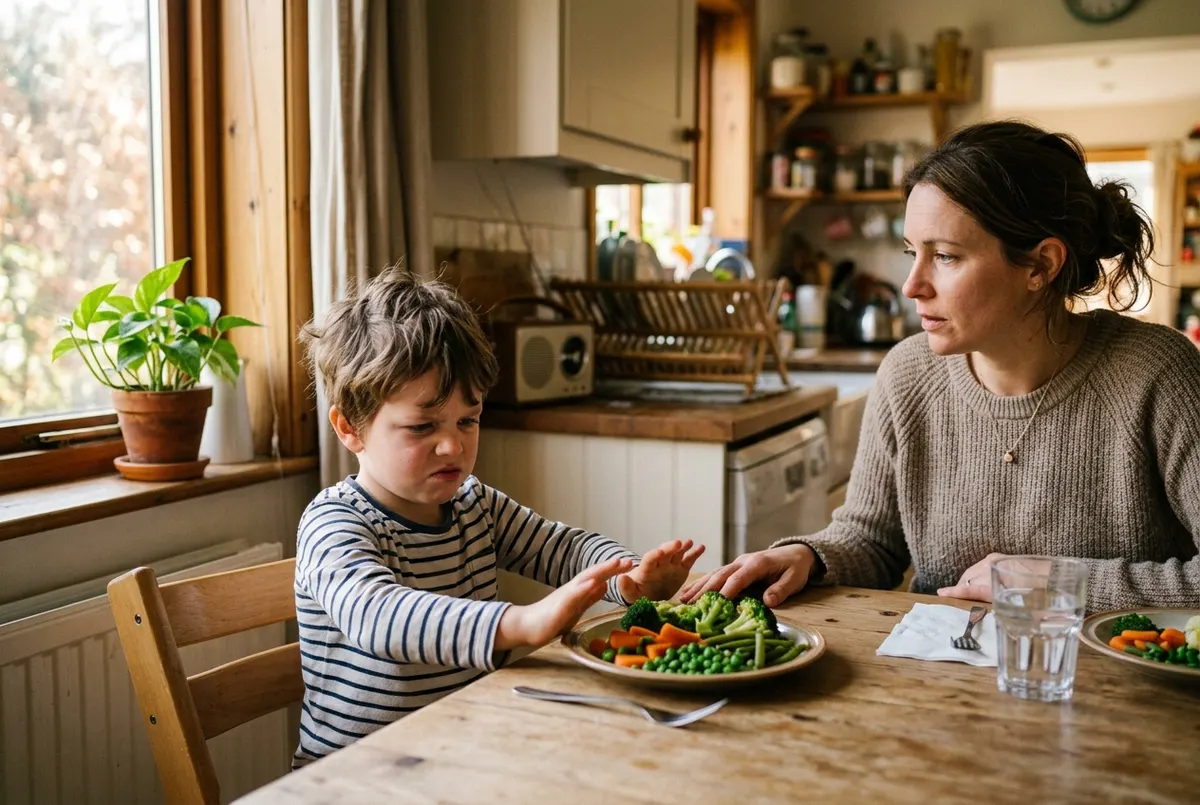 A parent and child aged 6 at a kitchen table in afternoon light, the child pushing away a plate of vegetables with a frust...
