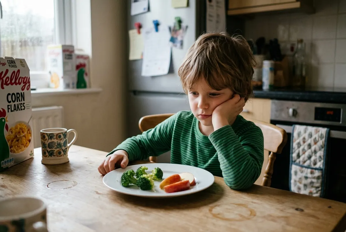 A young child aged 5-7 sitting at a kitchen table mid-afternoon, chin resting on hand, staring blankly at an untouched pla...