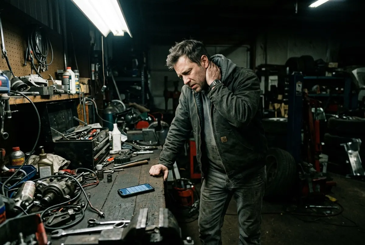 A man in his late 30s stands in a dimly lit garage workshop at night, shoulders hunched forward, one hand rubbing the back...