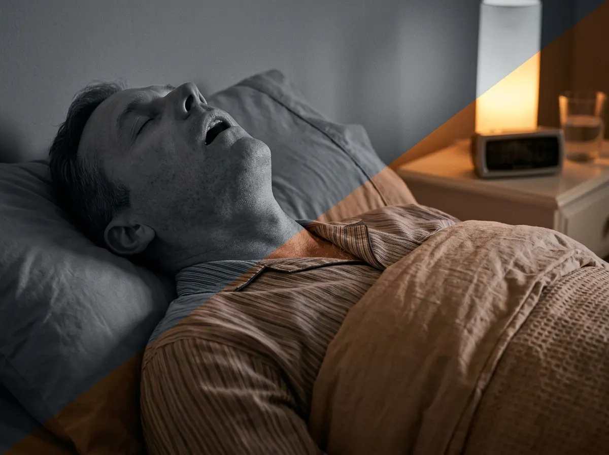A middle-aged man asleep in bed, mouth open, head tilted back, throat muscles visibly slack, dimly lit bedroom with nights...
