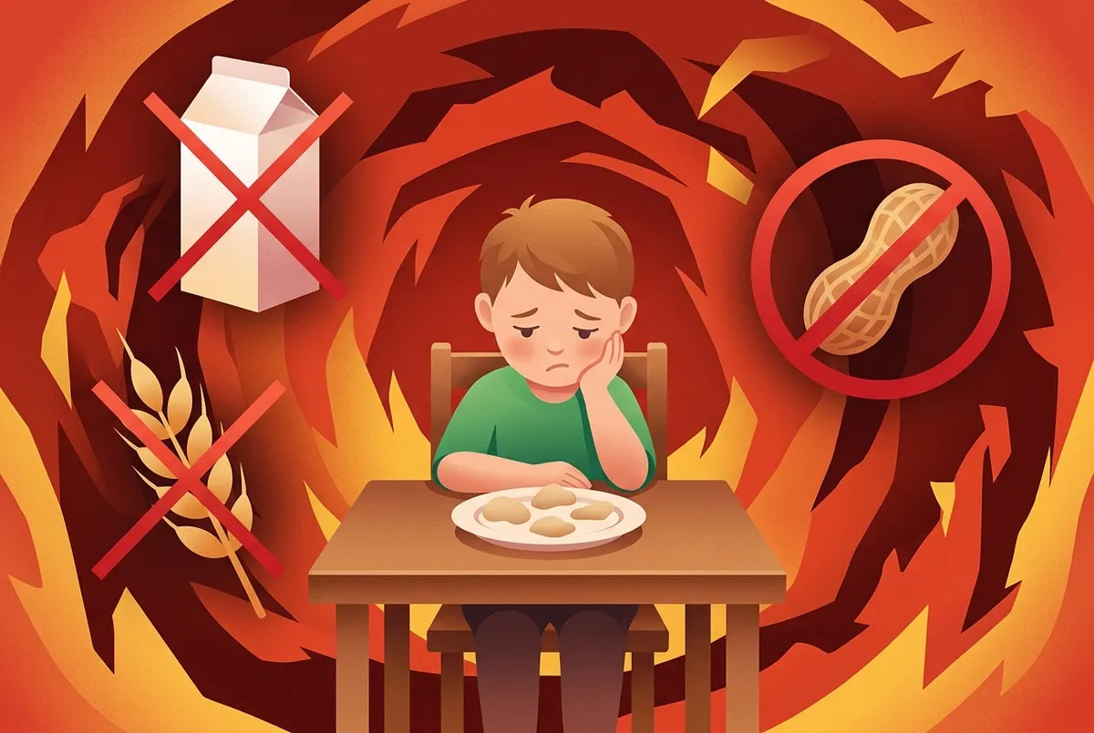 An illustrated figure of a young child at a dinner table surrounded by crossed-out floating icons—a milk carton with a red...