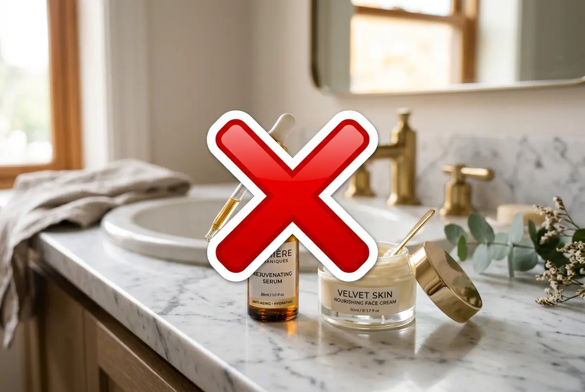 A sleek glass dropper bottle of luxury anti-aging serum on a marble bathroom counter beside an open jar of high-end face c...