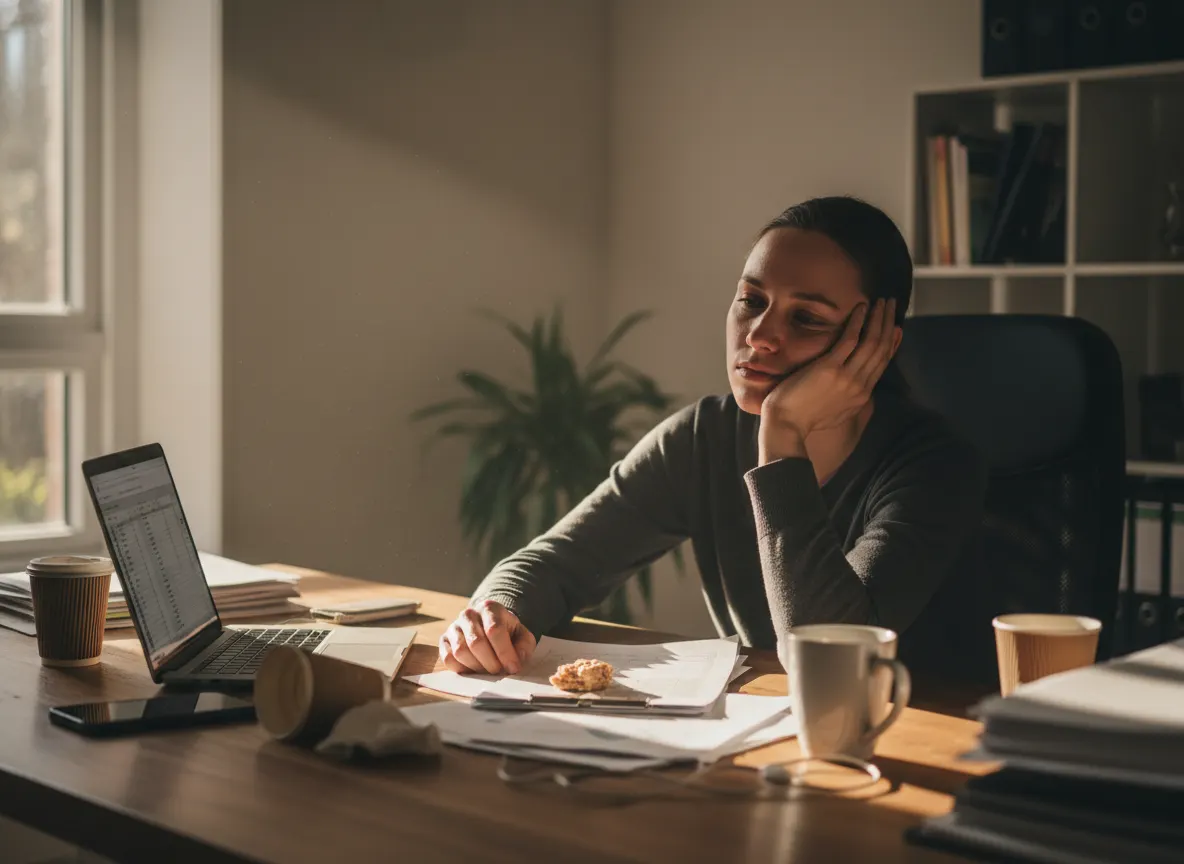 A busy professional (30s-40s, any gender) at their desk mid-afternoon, visibly fatigued and unfocused, empty coffee cups n...