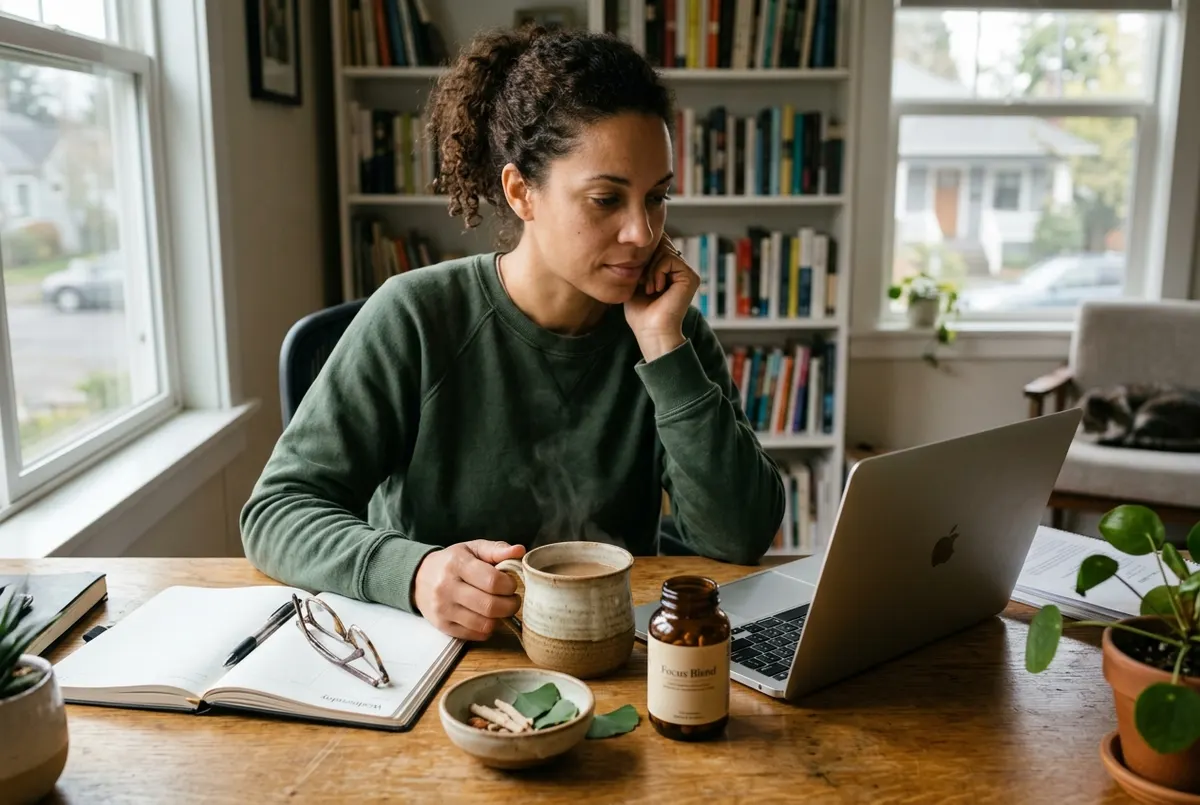 Real candid moment, someone at a desk in the morning, coffee or supplement nearby, natural light, focused and calm. Shot ...