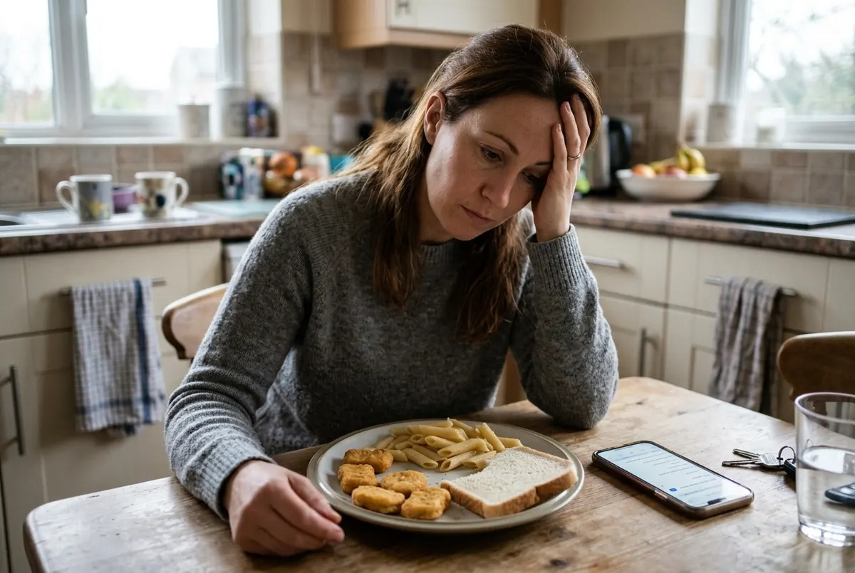 A woman in her mid-30s sits at a kitchen table mid-afternoon, one hand rubbing her temple, staring at a half-empty plate o...