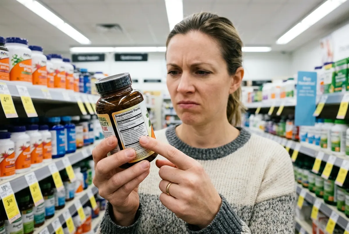 A close-up of a woman's hands holding a supplement bottle at eye level in a bright pharmacy aisle, turning it to read the ...