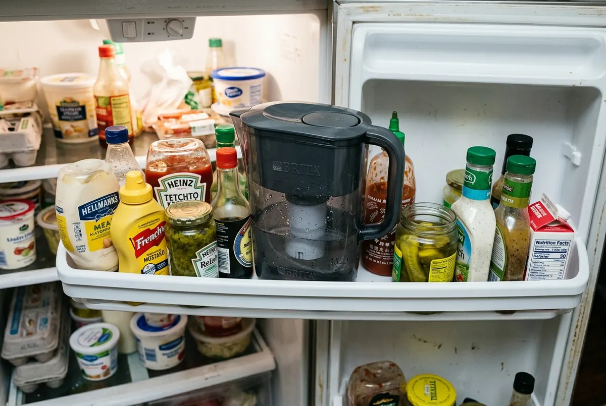 A charcoal water pitcher sitting in a refrigerator door shelf surrounded by condiments and everyday items, overhead view, ...