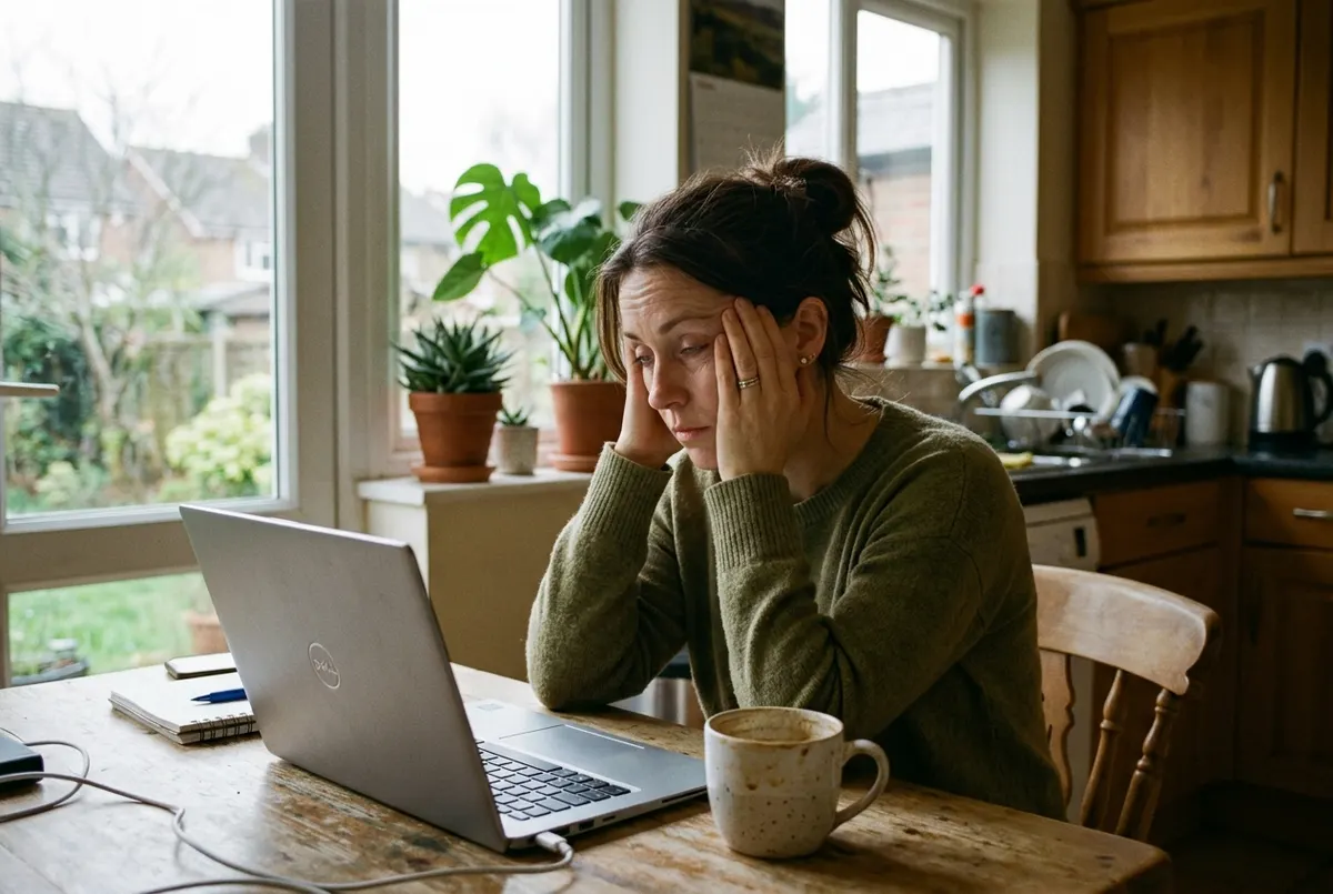 A woman around 38 sits at a kitchen table mid-afternoon, elbows on the surface, one hand rubbing her temple, eyes half-clo...