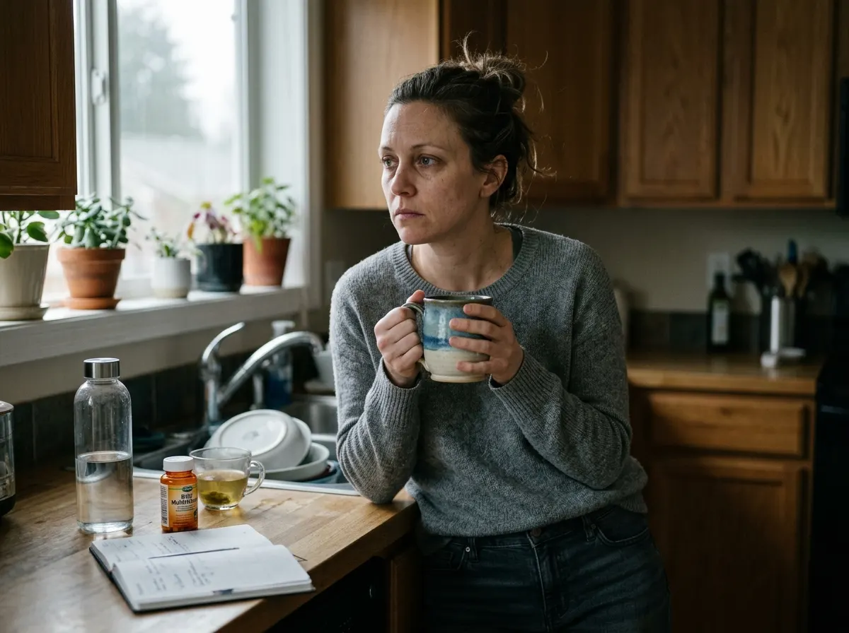 A tired woman in her kitchen mid-morning, holding a coffee mug with a distant, weary gaze. Her jaw is slightly tense, shou...