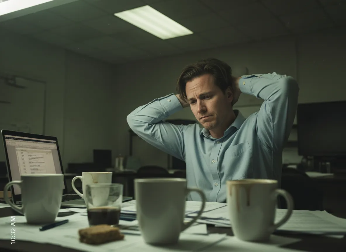 A tired professional at their desk surrounded by three empty or half-empty coffee mugs, looking fatigued and unfocused des...