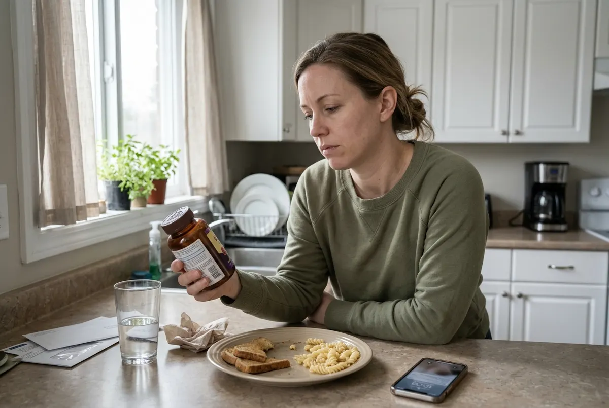 A parent at a kitchen counter mid-afternoon, standing over a plate of plain beige food — toast crusts, plain pasta — stari...
