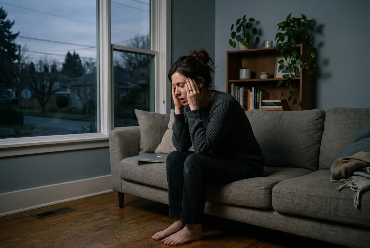 A woman in her early 40s sitting on a couch in a quiet living room at dusk, her laptop closed beside her, her body slumped...