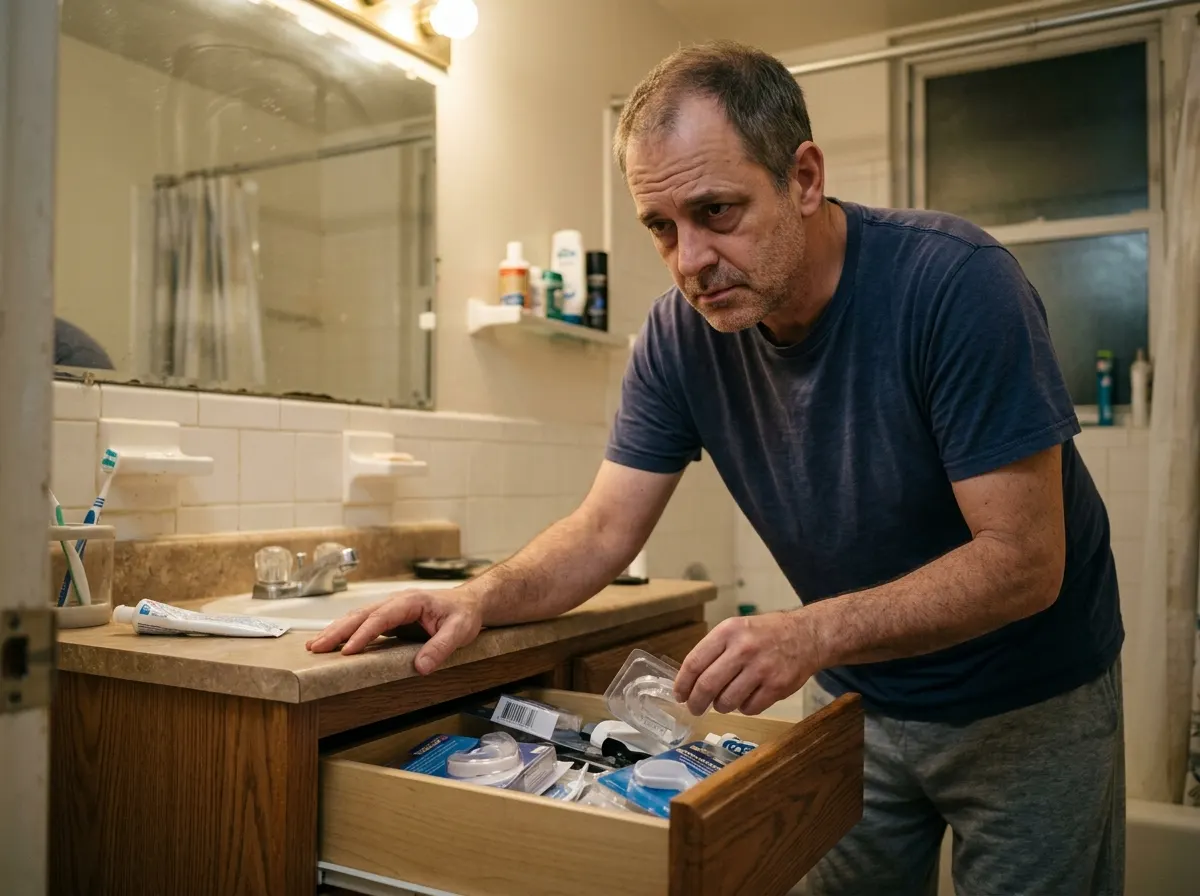 A tired middle-aged man at his bathroom sink at night, reaching into a drawer with multiple cheap mouthpieces visible insi...