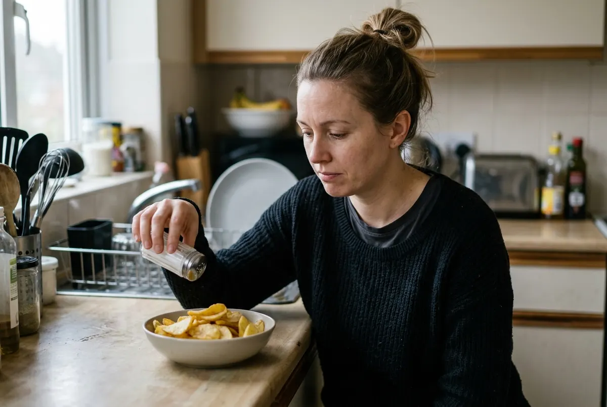 A home cook staring down at a plain bowl of golden roasted potato chips on a kitchen counter, expression showing mild disa...