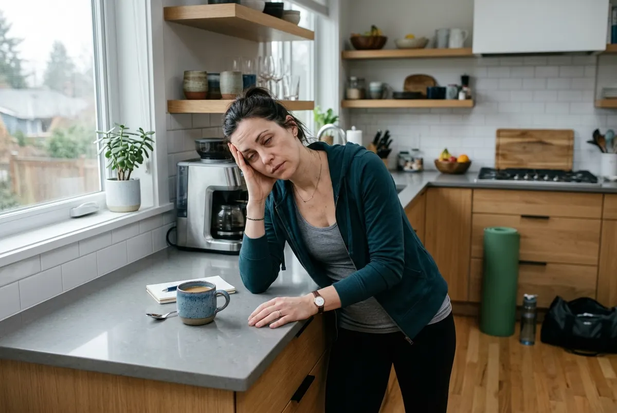 A woman in her late 30s standing in a modern kitchen at mid-afternoon, leaning against the counter with one hand on her te...