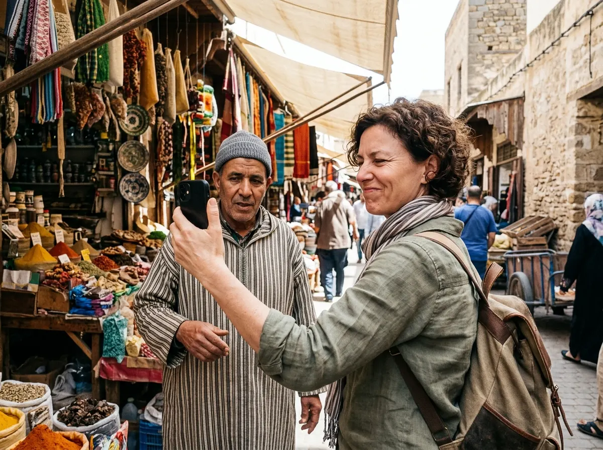 A traveler in their 40s at an outdoor market stall, holding up a phone between themselves and a vendor with a slightly str...
