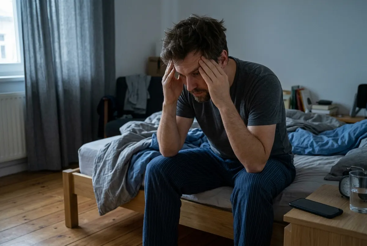 A man in his late 30s sits on the edge of an unmade bed at dawn, shoulders slumped forward, elbows on knees, hands rubbing...