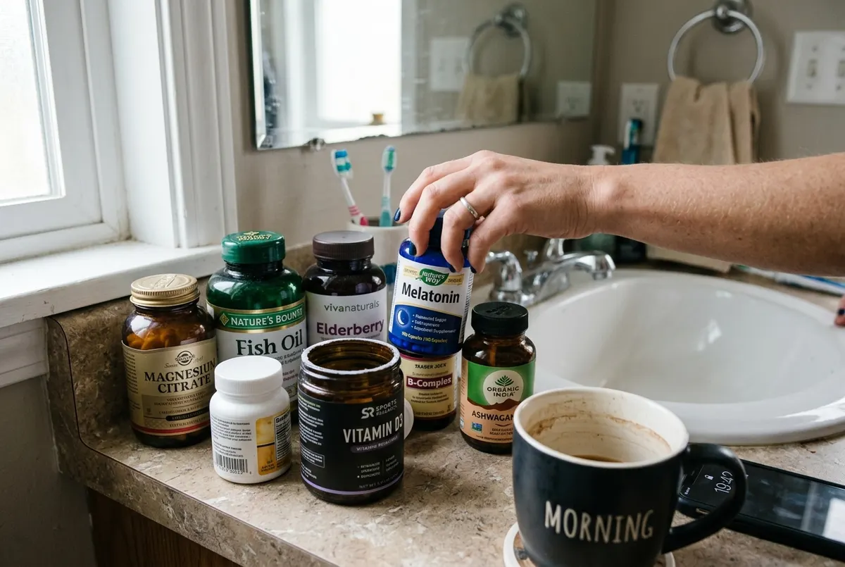 A cluttered bathroom counter crowded with seven or eight different supplement bottles, a hand reaching to grab one mid-mor...