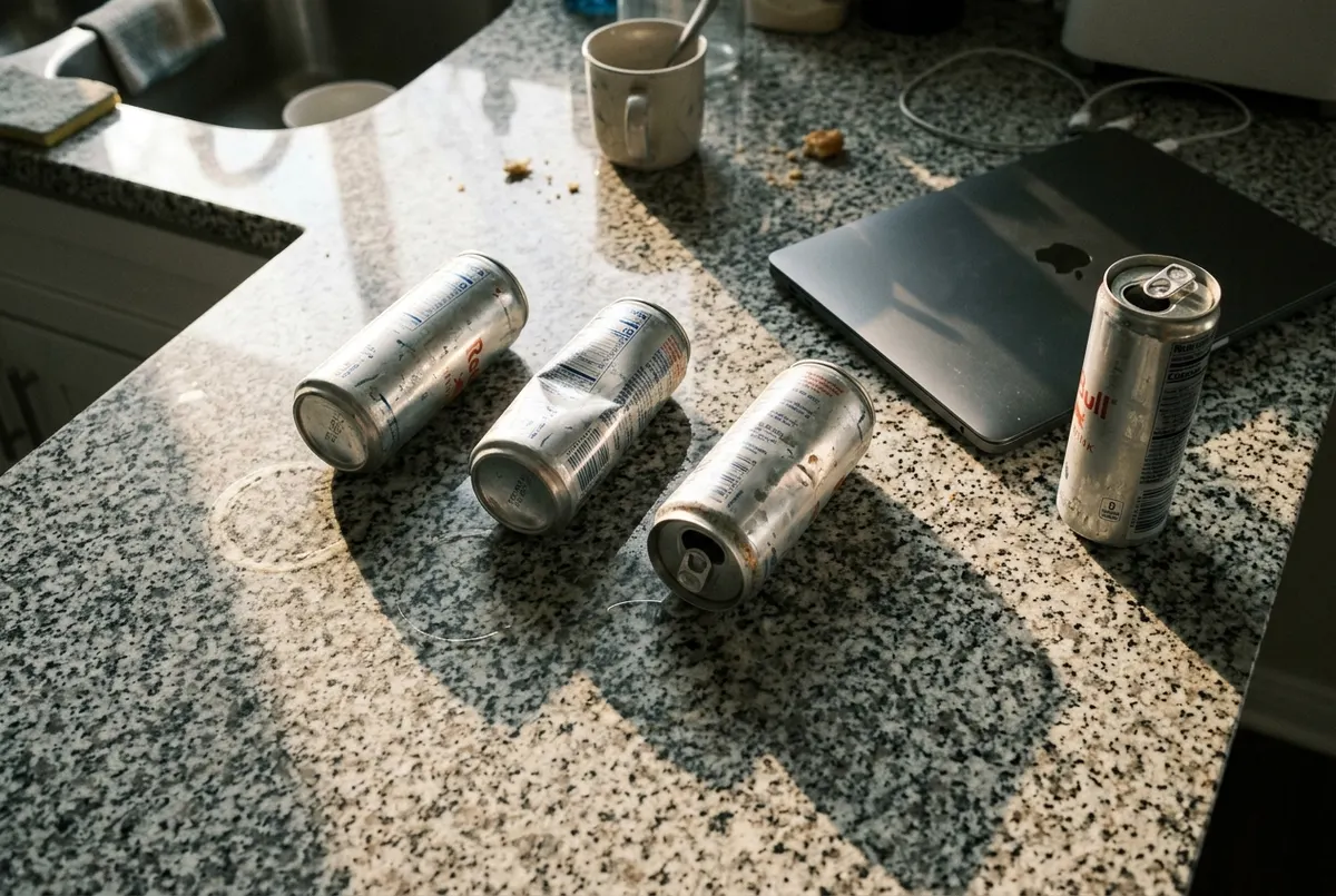 A kitchen counter viewed from above shows three empty aluminum energy drink cans arranged in a loose line, condensation ri...