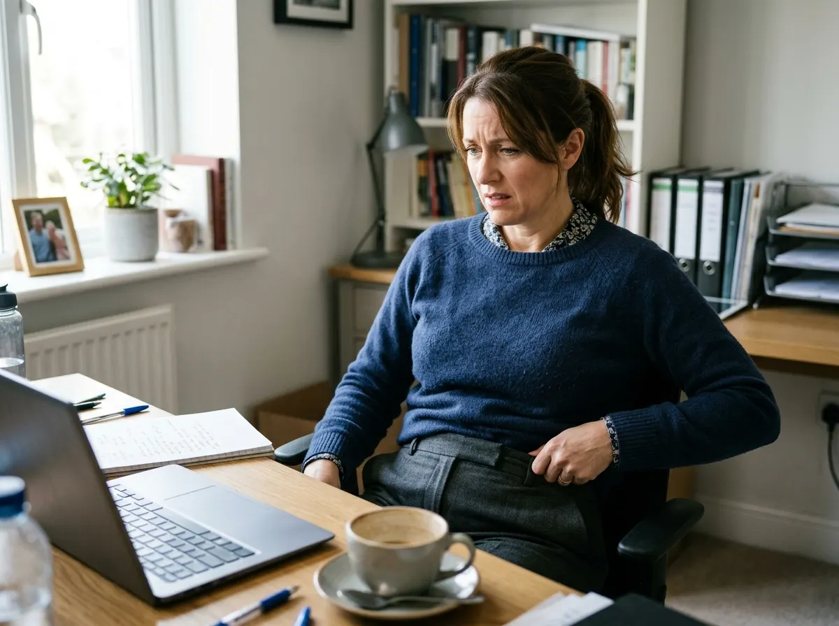 A woman in her mid-40s at her desk during late morning, visibly uncomfortable—tugging at her waistband, looking fatigued a...