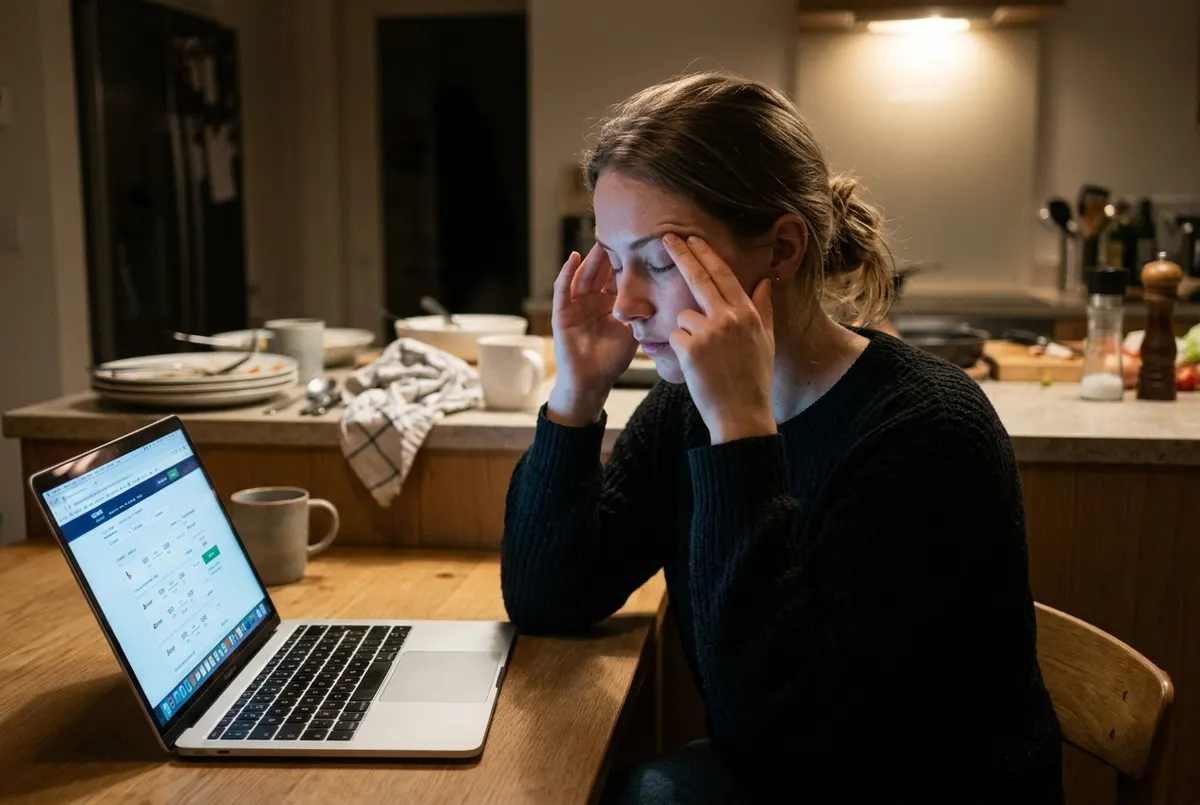 A person sitting at a laptop in dim late-evening light, rubbing their temples with both hands, eyes closed. Screen glow il...