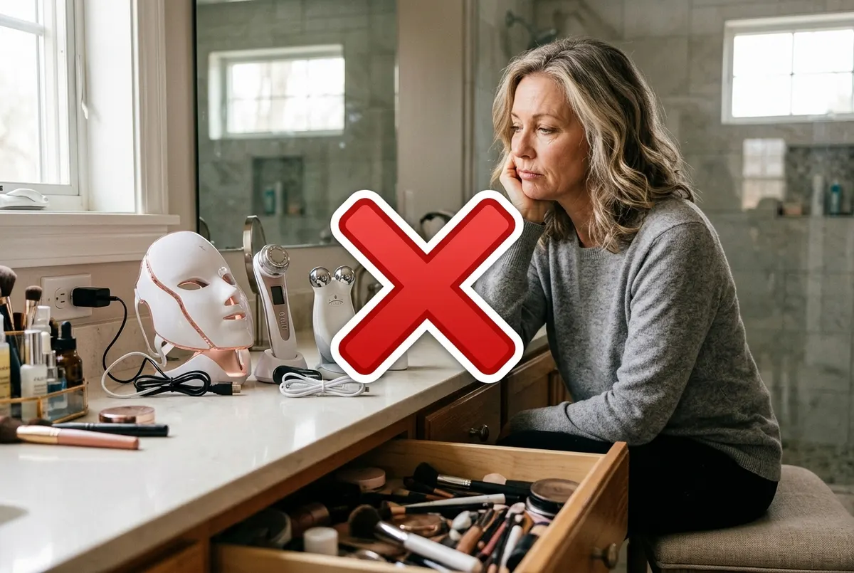 A woman in her early fifties sits at her bathroom vanity at mid-morning, shoulders slightly forward, chin resting on one h...