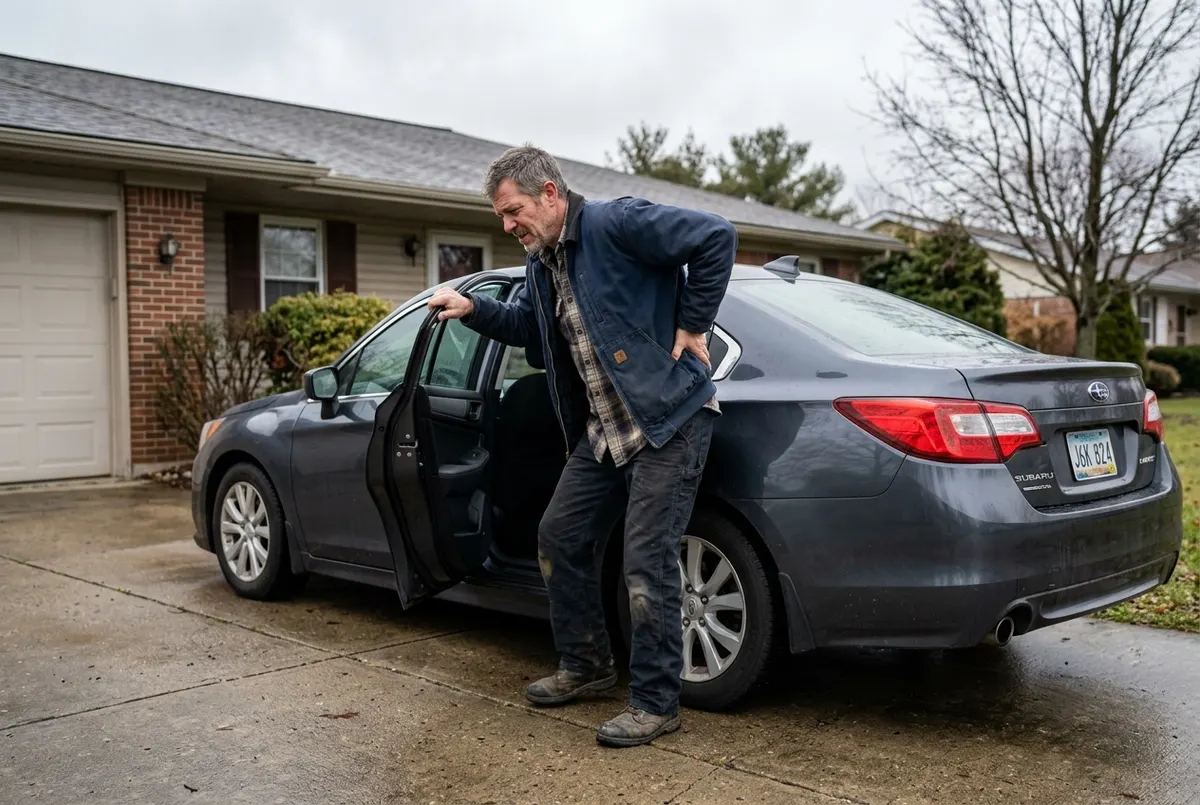 A man in his late 40s climbing out of a sedan parked in a driveway, one hand braced on the door frame, the other pressing ...