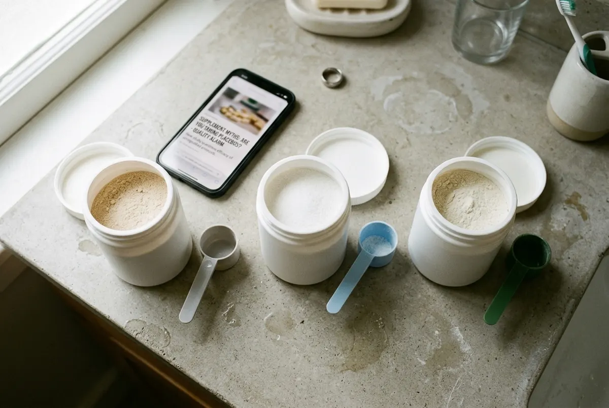 Overhead flat lay on a bathroom counter showing three identical white supplement tubs without visible branding, their lids...