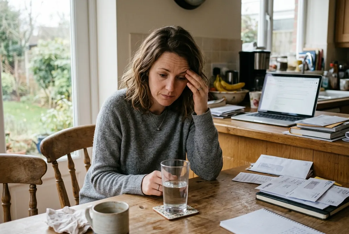 A person sitting at a kitchen table mid-afternoon, staring blankly at a glass of water in front of them with a slightly pu...
