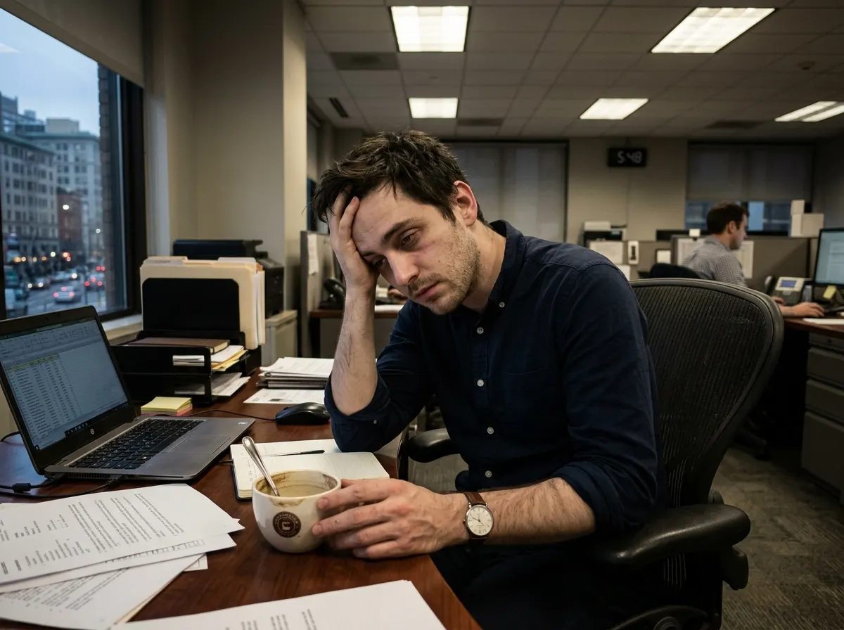 A tired professional at their desk in late afternoon, slumped in chair with hand trembling slightly near a third empty cof...