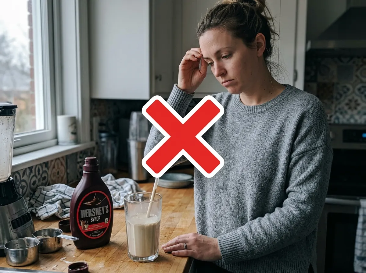 A home entertainer standing at their kitchen counter looking at a disappointing homemade milkshake next to a store-bought ...