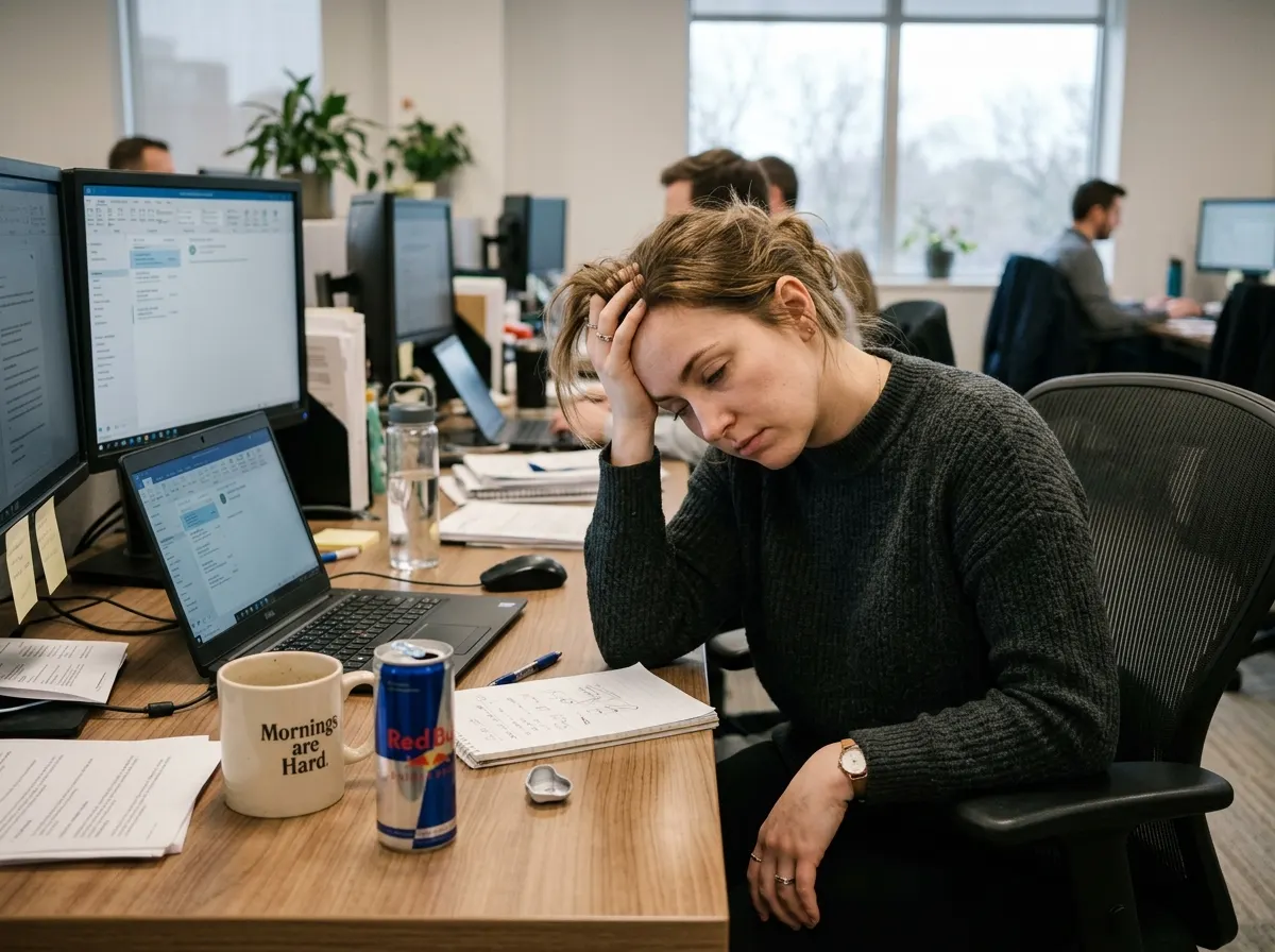 A woman at her desk mid-afternoon, head in hand with visible fatigue, energy drink or coffee cup empty beside her, soft in...