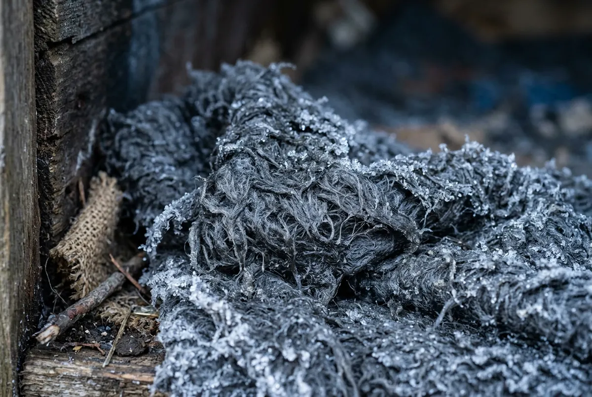 Close-up of a damp, matted fleece blanket bunched in the corner of a makeshift outdoor shelter, frost crystals forming alo...