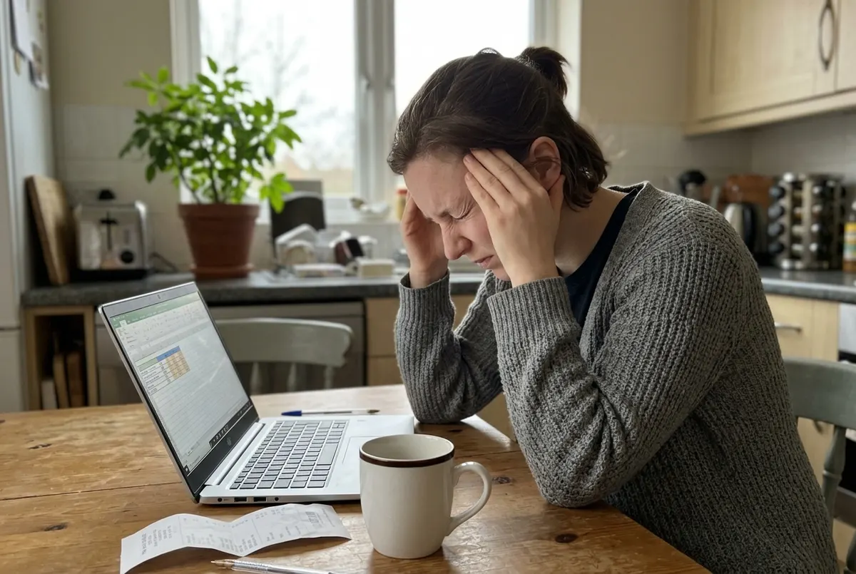 Person slumped at kitchen table mid-afternoon, laptop open showing spreadsheet, rubbing temples with both hands, empty cof...