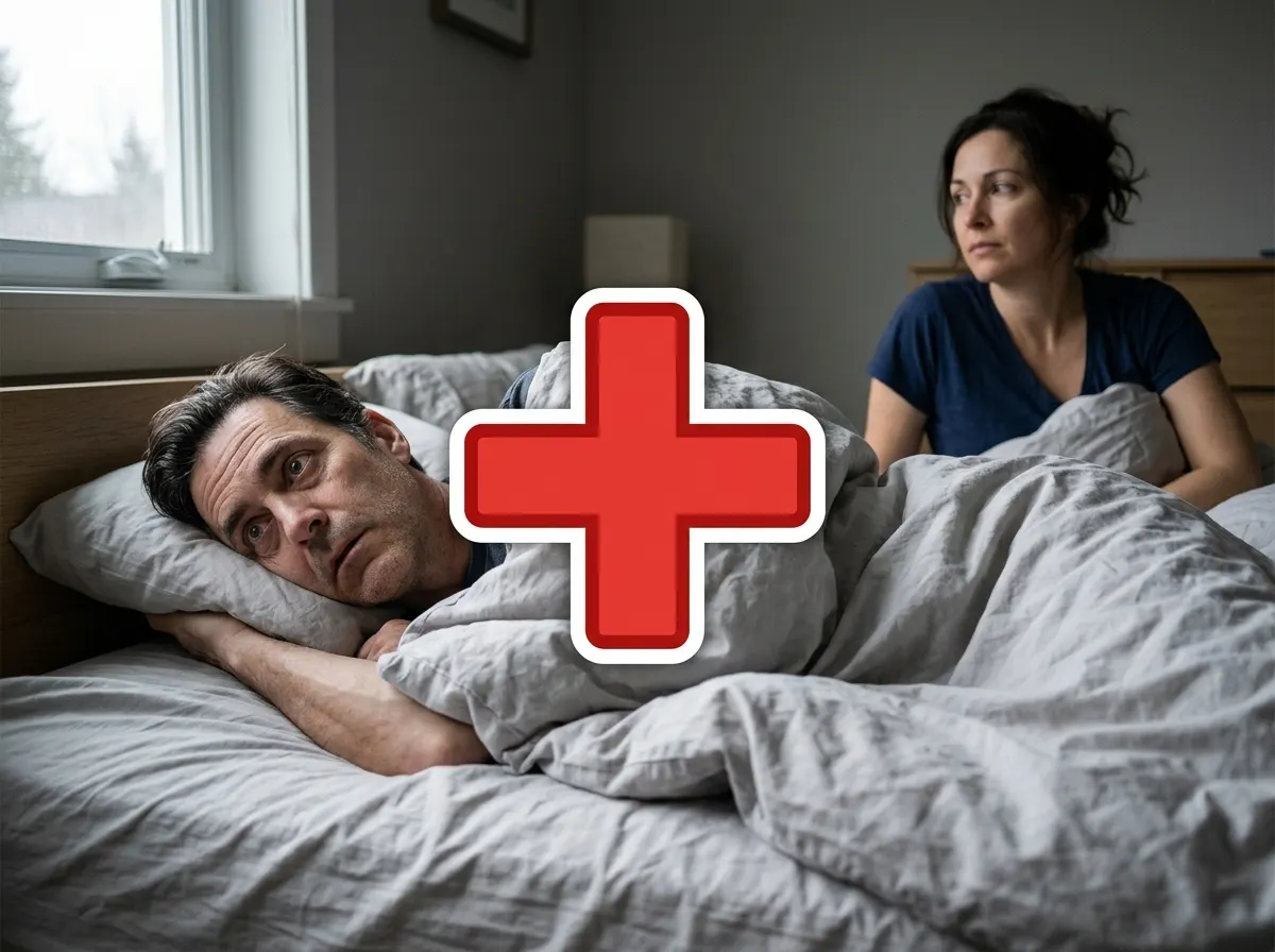 A man in his late forties, visibly tired, lying in bed at dawn with his eyes open and frustrated; his spouse visible in th...