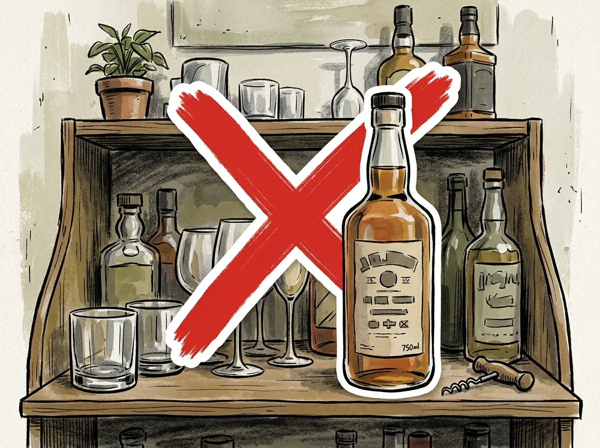 A home bar shelf with a premium 750ml whiskey bottle positioned among ordinary glassware and décor, flat indoor lighting c...