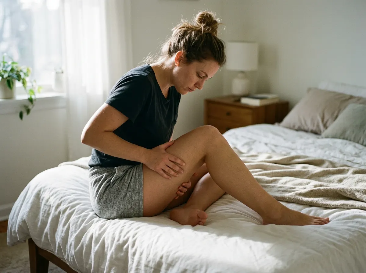 A woman sitting on the edge of her bed in soft morning light, looking down at the backs of her thighs with a quiet express...