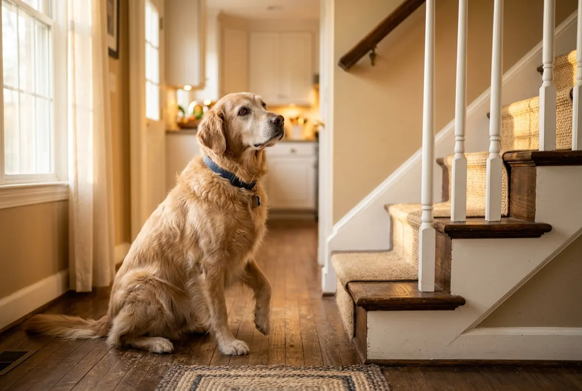 A golden retriever in its early senior years sitting on hardwood floor beside a staircase, looking up at the steps with vi...