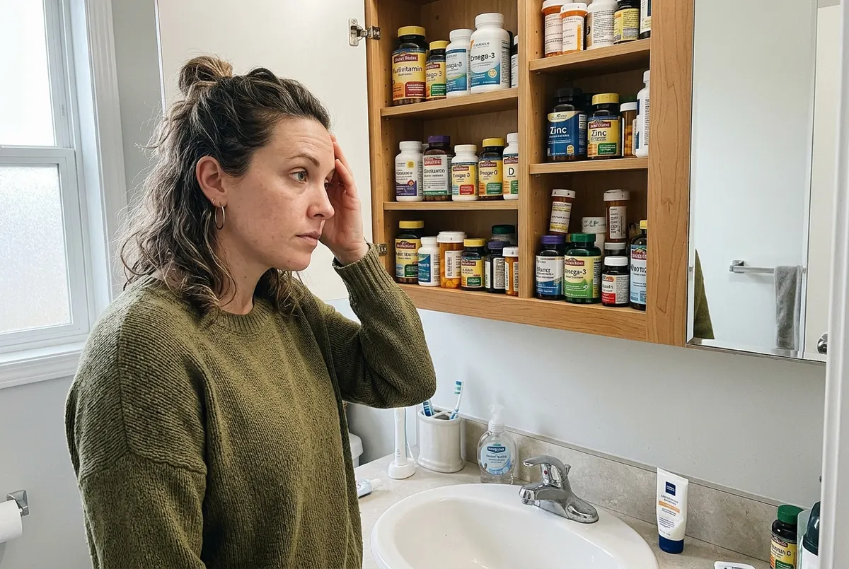 A put-together woman in her late 30s at a bathroom counter staring blankly at an open cabinet crowded with supplement bott...