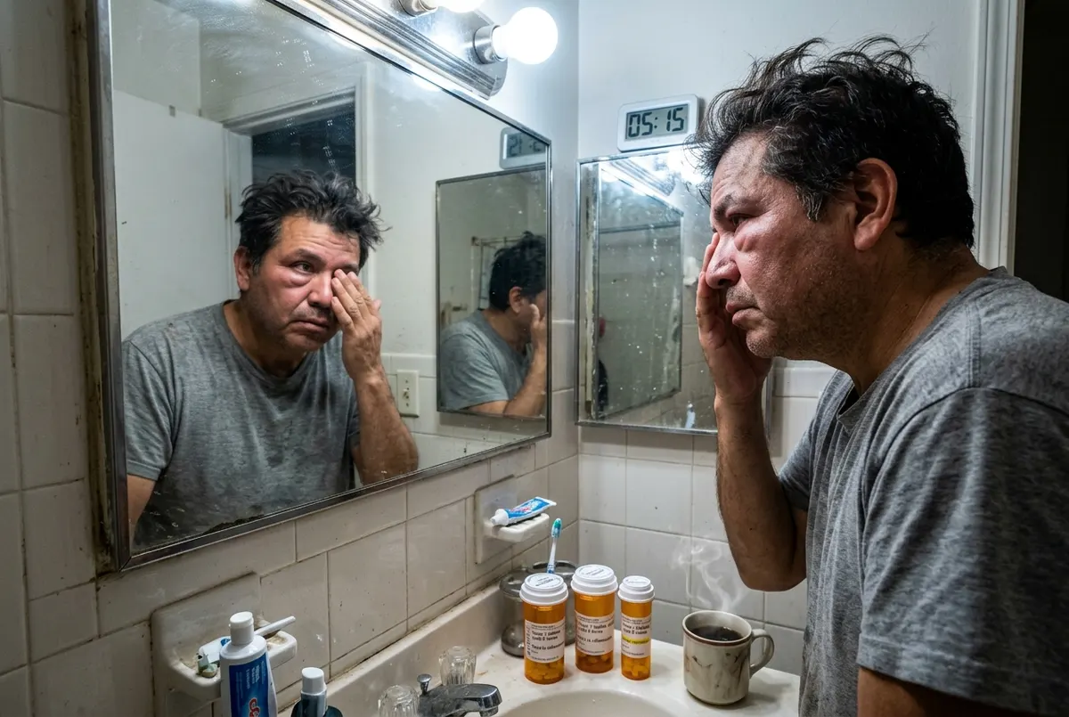 Hombre hispano de mediana edad frente al espejo del baño a las 5:15 de la mañana, tocando su cara visiblemente hinchada co...