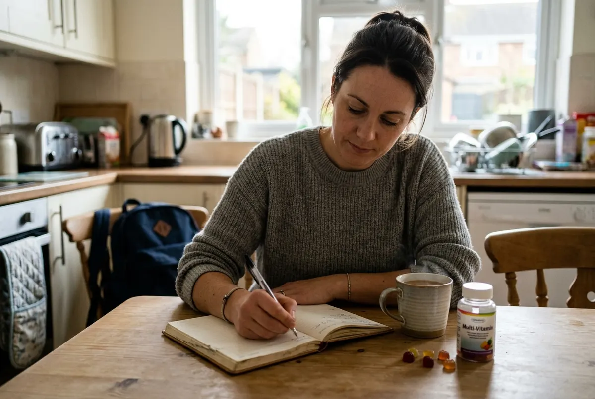 Real candid moment — someone at a desk in the morning, coffee or supplement nearby, natural light, focused and calm. Shot ...