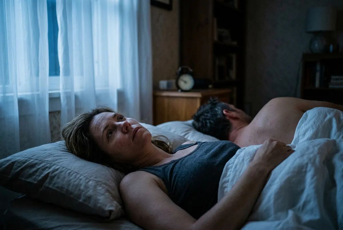 A woman aged 38 lies in bed at night, eyes open, staring at the dark ceiling. Soft blue moonlight through sheer curtains. ...