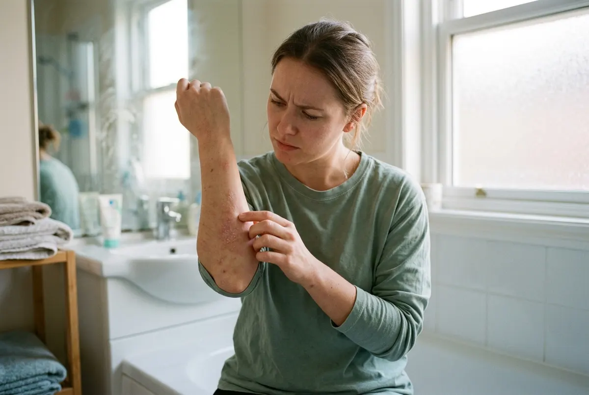 A woman with dry sensitive skin examining her inner elbow in soft bathroom light, visible dry patches and mild redness on ...