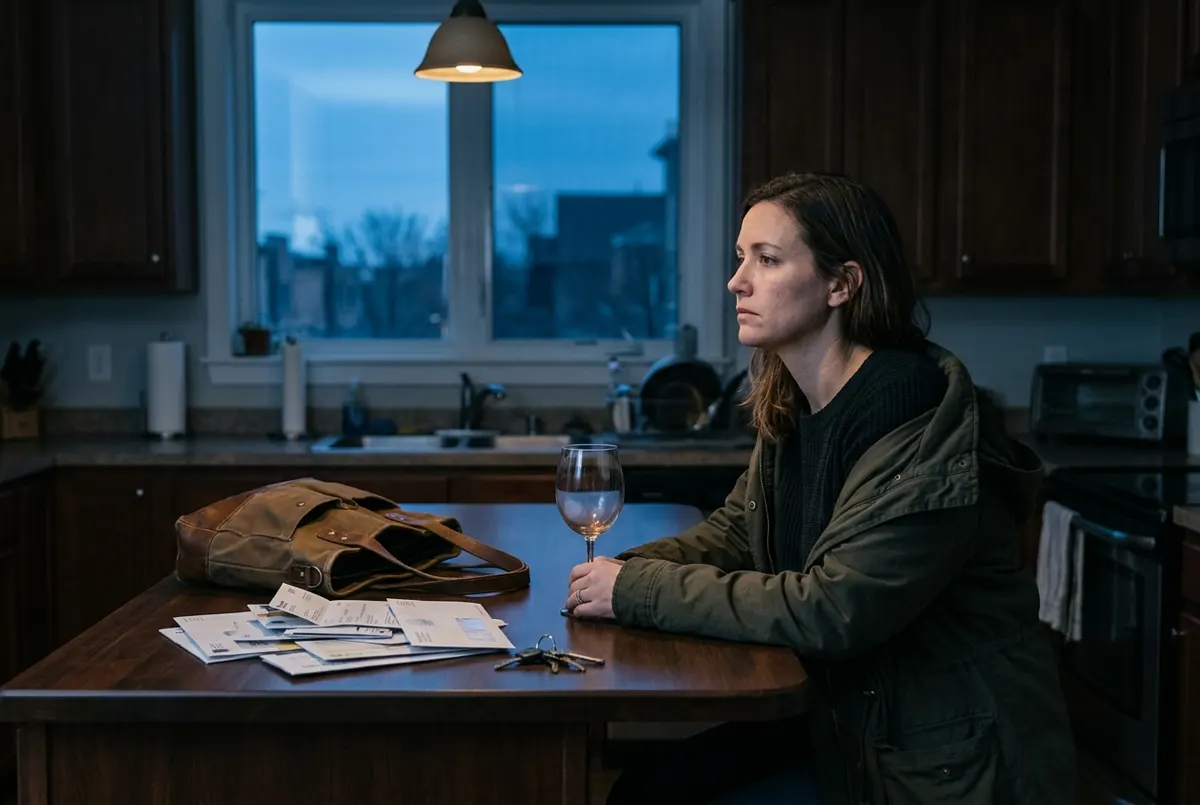 A woman in her late thirties sits alone at a kitchen island in the early evening, twilight blue light coming through a win...