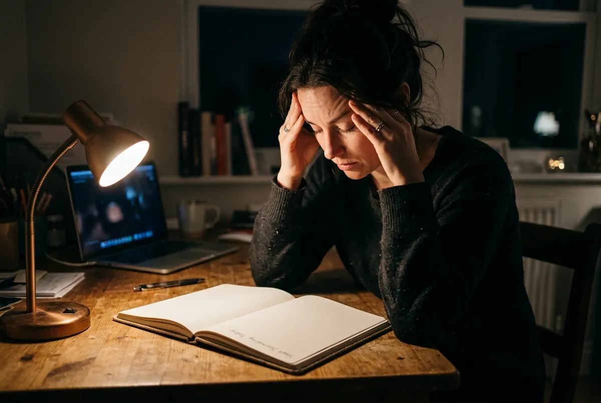 A person sits at a clean desk in dim late-evening light, rubbing their temples with both hands, staring down at an open ph...
