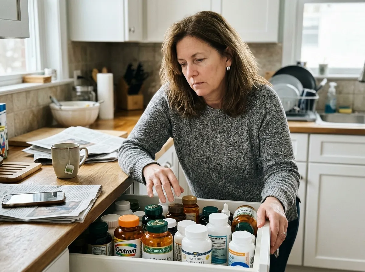A woman in her early 50s at her kitchen counter mid-morning, staring at an open drawer filled with various supplement bott...