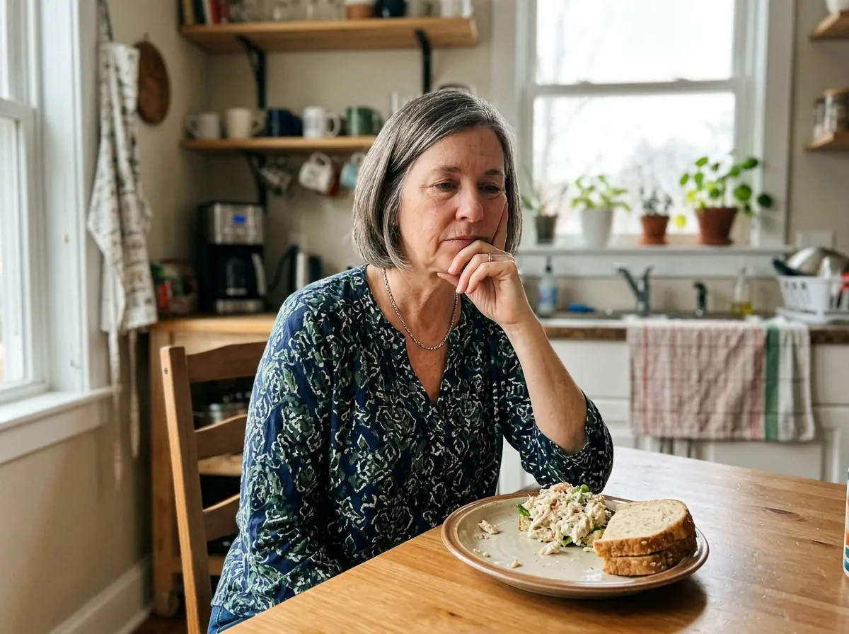 A well-dressed woman in her 50s sitting at a dining table with a small plated meal pushed slightly away, hand on chin, mil...