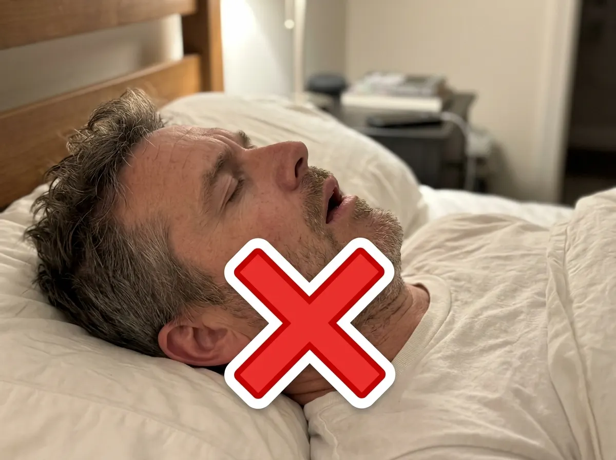 A middle-aged man lying on his back in bed at night, mouth slightly open, jaw relaxed and receded, captured in side profil...