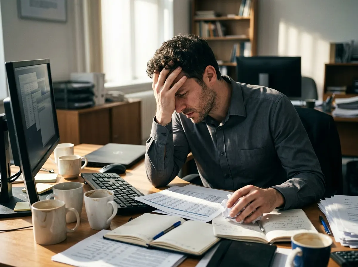 A stressed professional at their desk, hand to forehead, surrounded by coffee cups and scattered work papers, morning sunl...