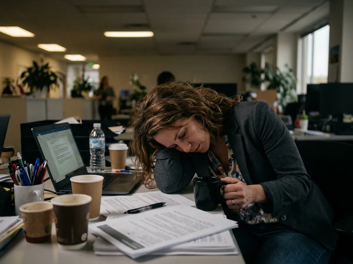 A tired professional at their desk in mid-afternoon, slumped over with an empty coffee mug nearby, surrounded by multiple ...